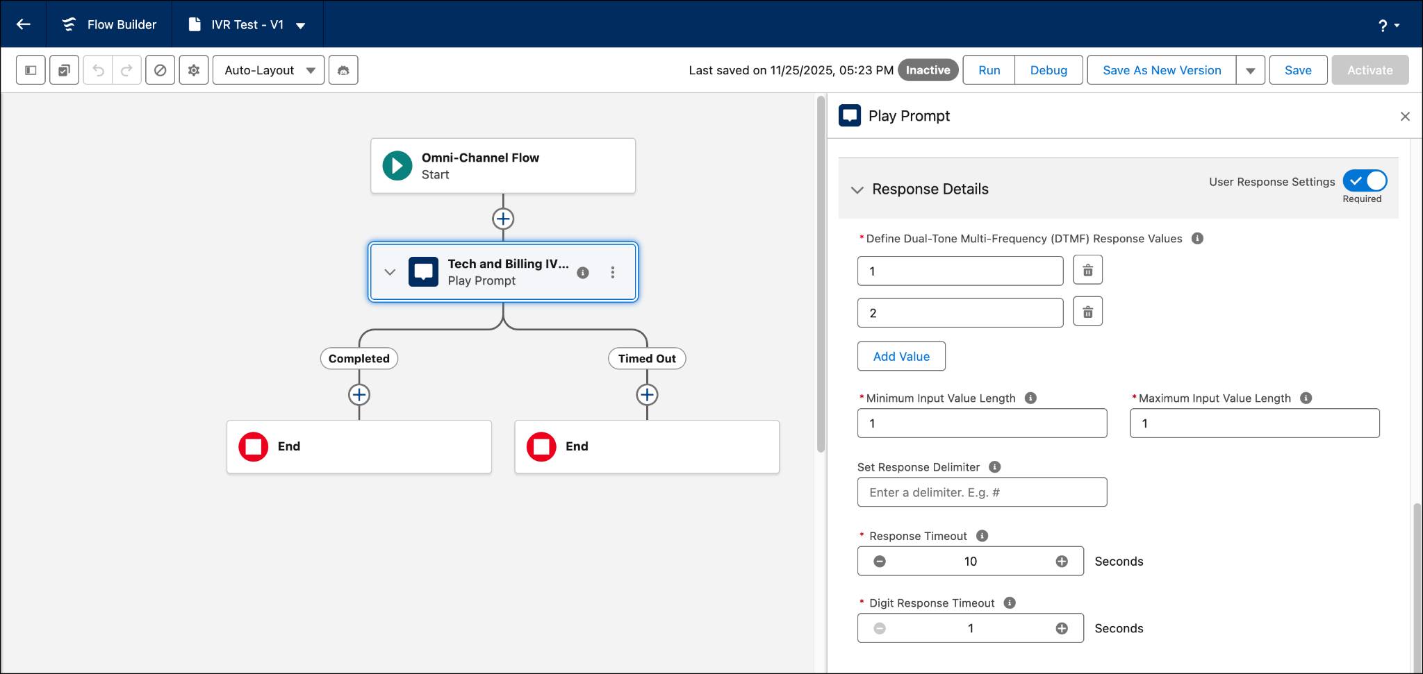 Response Details configuration screen in Flow Builder for defining Dual-Tone Multi-Frequency (DTMF) response values, input lengths, and timeouts.