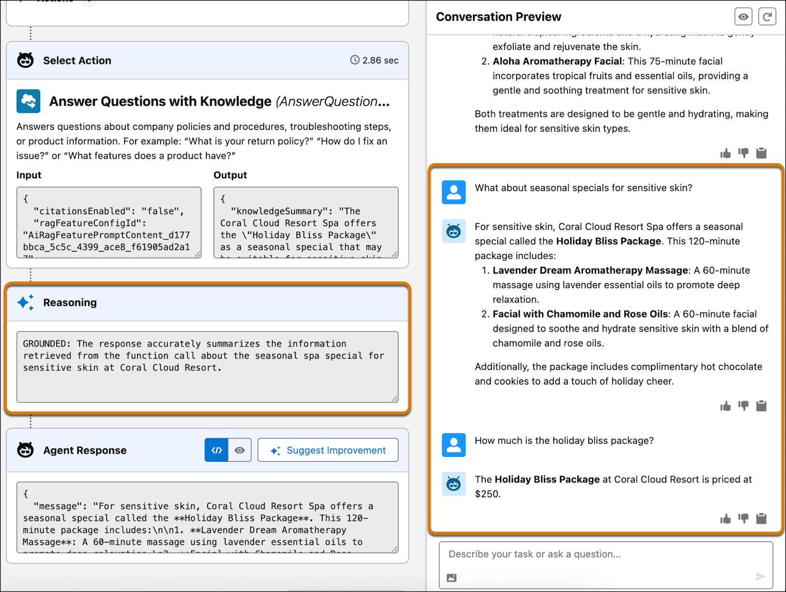 The agent preview window with the agent conversation recommending spa services and cost highlighted. The related reasoning is highlighted as well.