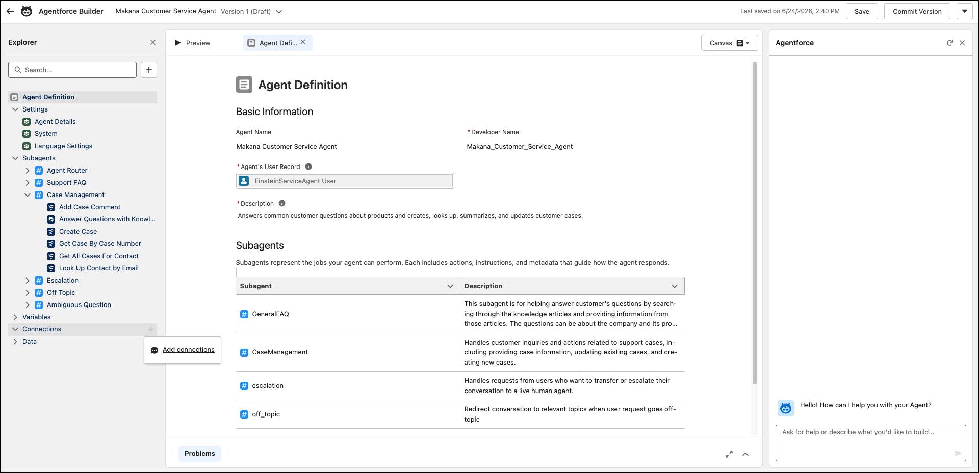 Ein Screenshot des Knotens "Connections" (Verbindungen) im Explorer im linken Bereich des neuen Agentforce Builders (Agentforce-Generators), in dem Sie die Einstellungen für alle Kanäle Ihres Agenten verwalten können.