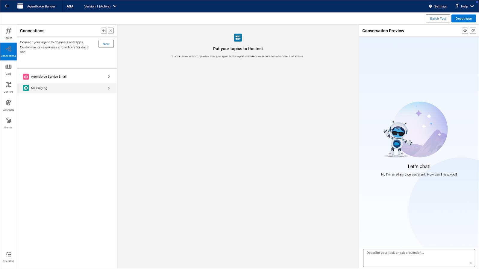 Uma captura de tela da guia Connections (Conexões) mostra onde você pode gerenciar as configurações de todos os canais do seu agente no painel esquerdo do Criador do Agentforce.