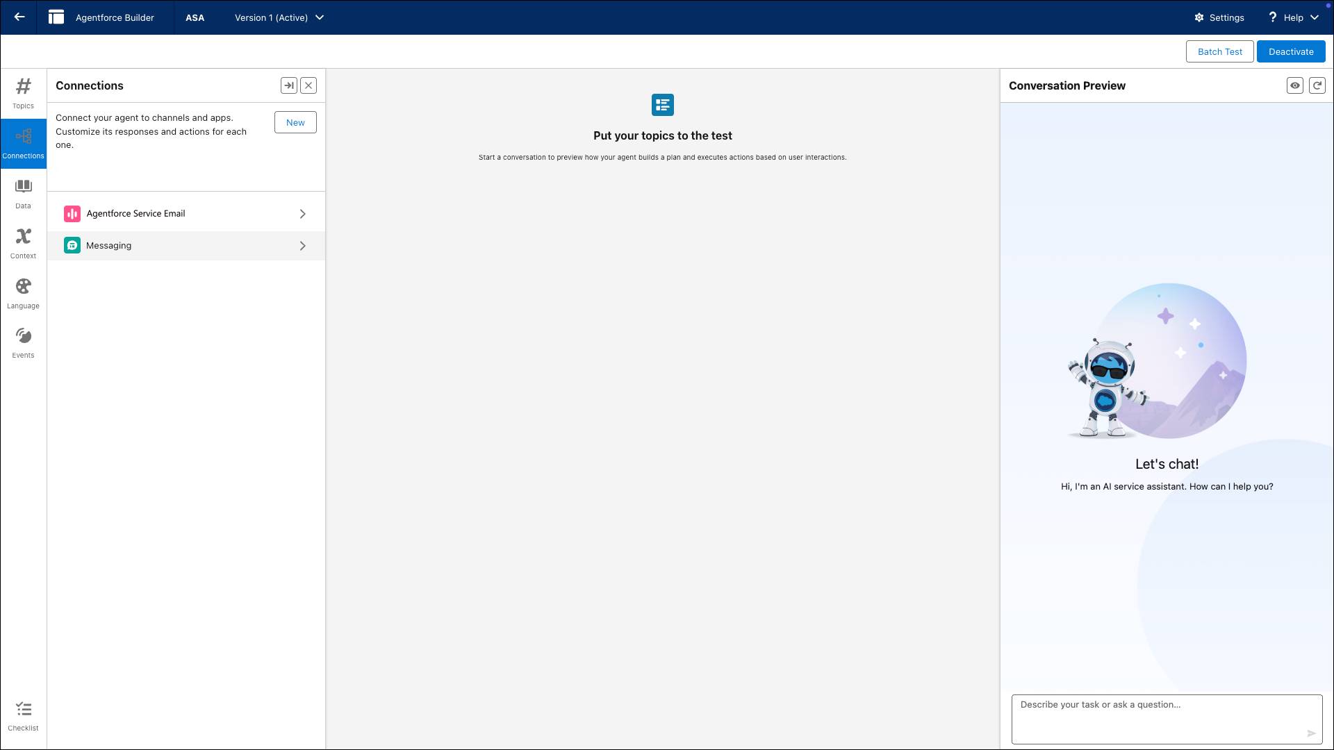 Uma captura de tela da guia Connections (Conexões) mostra onde você pode gerenciar as configurações de todos os canais do seu agente no painel esquerdo do Criador do Agentforce.