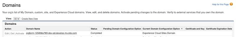 Captura de pantalla del nombre de dominio del sitio de Experience Cloud en la página Domains Setup (Configuración de dominios).