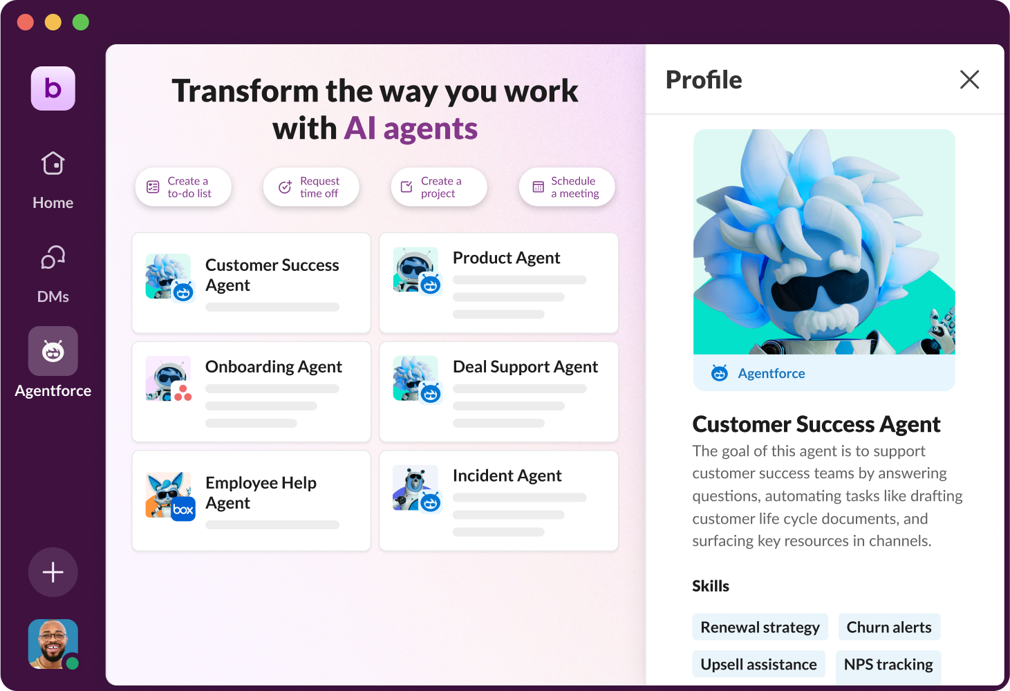 Slack の Agentforce ハブで利用可能なエージェントと実行できるタスクの例。