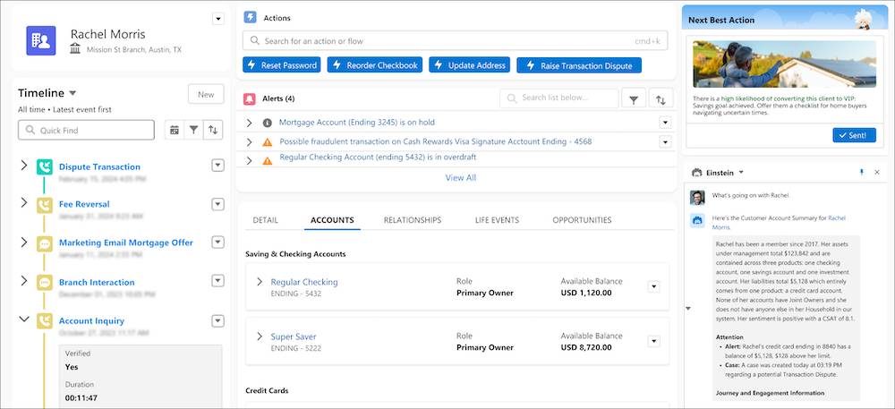 O chat do Agentforce mostra detalhes sobre as contas financeiras do cliente, sua pontuação de satisfação e áreas de preocupação.