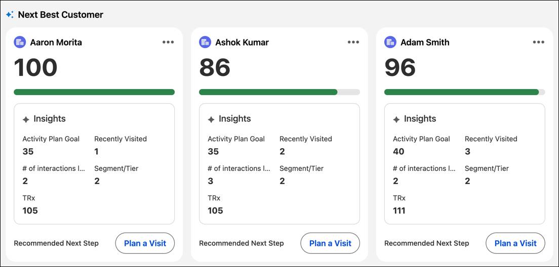 The Next Best Customer component with insights and recommended next step for each customer.