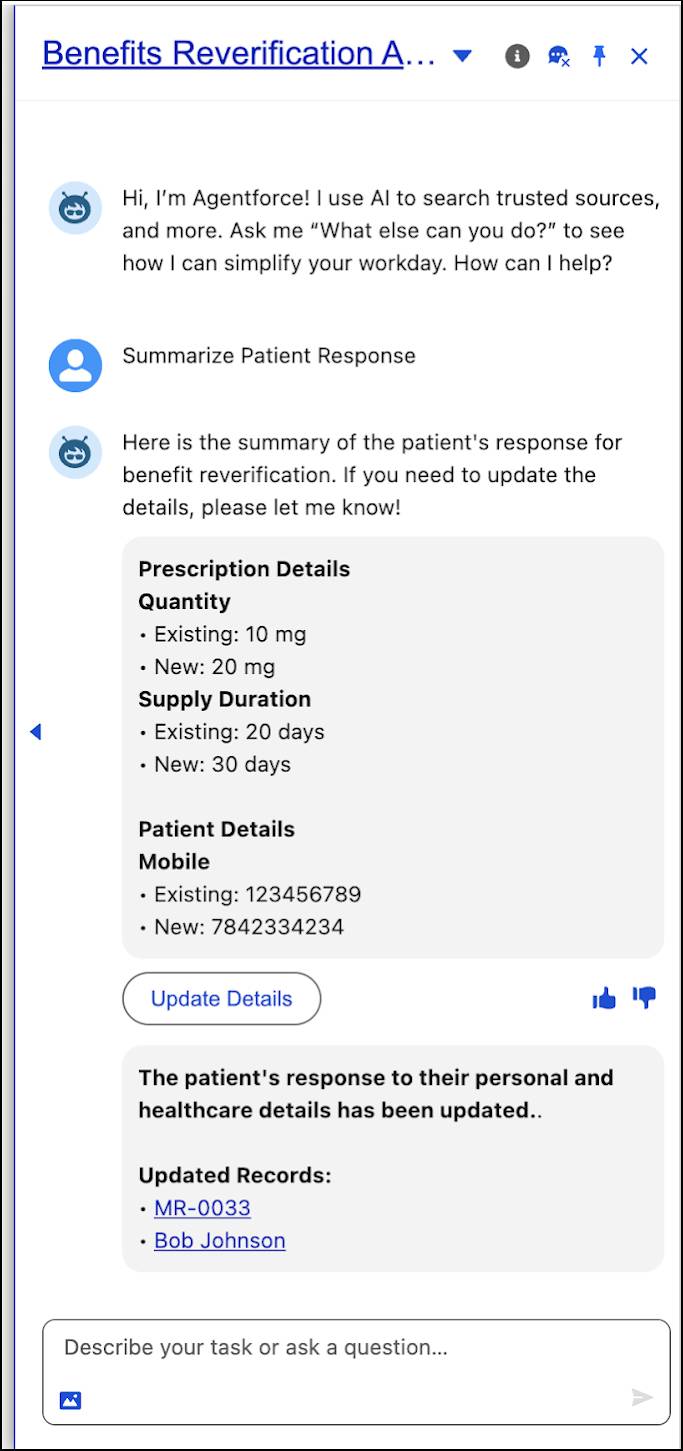 The Agentforce summary of patient response with update recommendations.