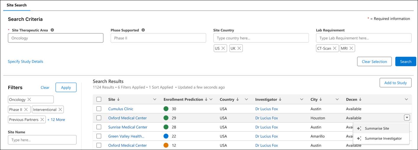 The search results with Agentforce Summarise Site and Summarise Investigator.