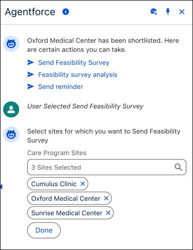 The Agentforce prompt to send a feasibility survey for selected sites.