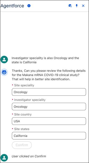 The Agentforce conversational panel confirming search criteria such as Oncology and California.
