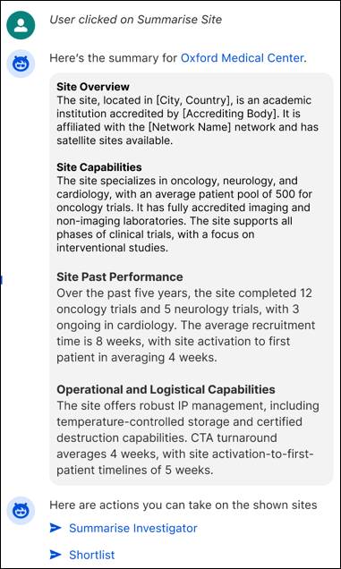 A Clinical Site Summary for a specific site, detailing its capabilities and past performance.