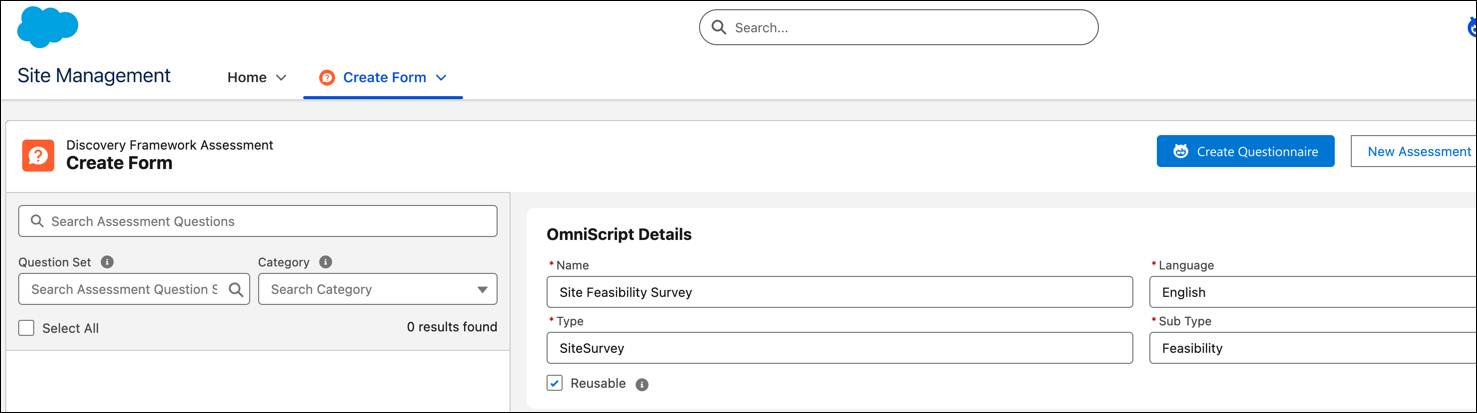 「Site Feasibility Survey (サイト実現可能性アンケート)」が選択されている [Create Form (フォームを作成)] タブ。
