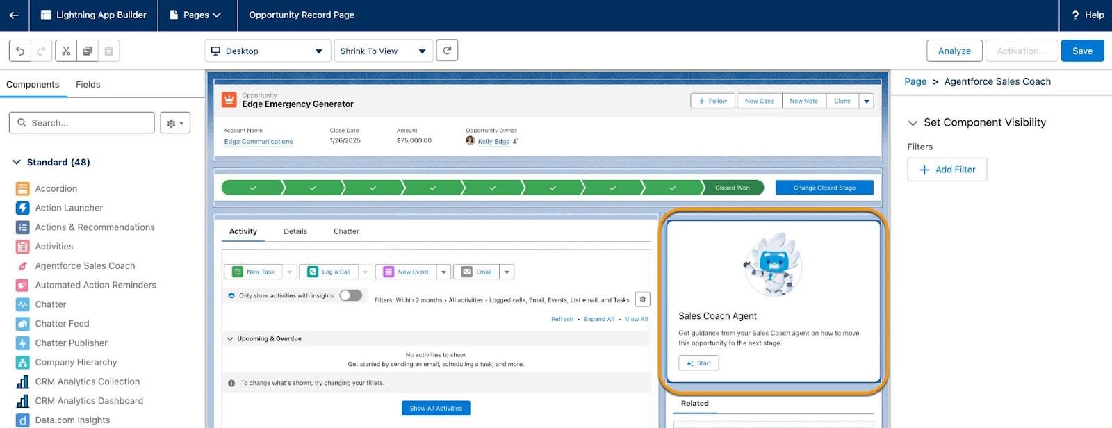Opportunity Record Page with Agentforce Sales Coach highlighted above the related lists section.
