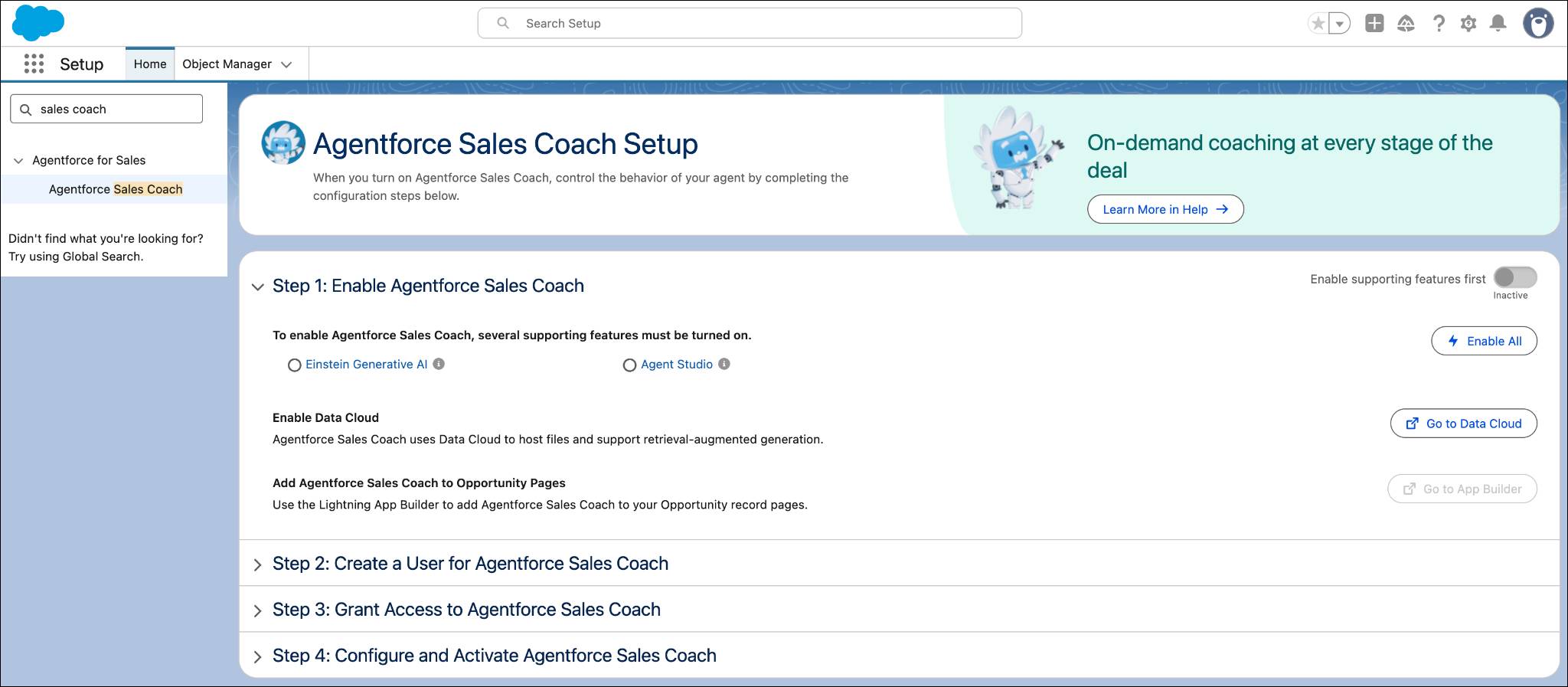 Assistant Agentforce Sales Coach Setup (Configuration d’Agentforce Coach commercial) avec l’option Enable All (Activer tout) mise en évidence.