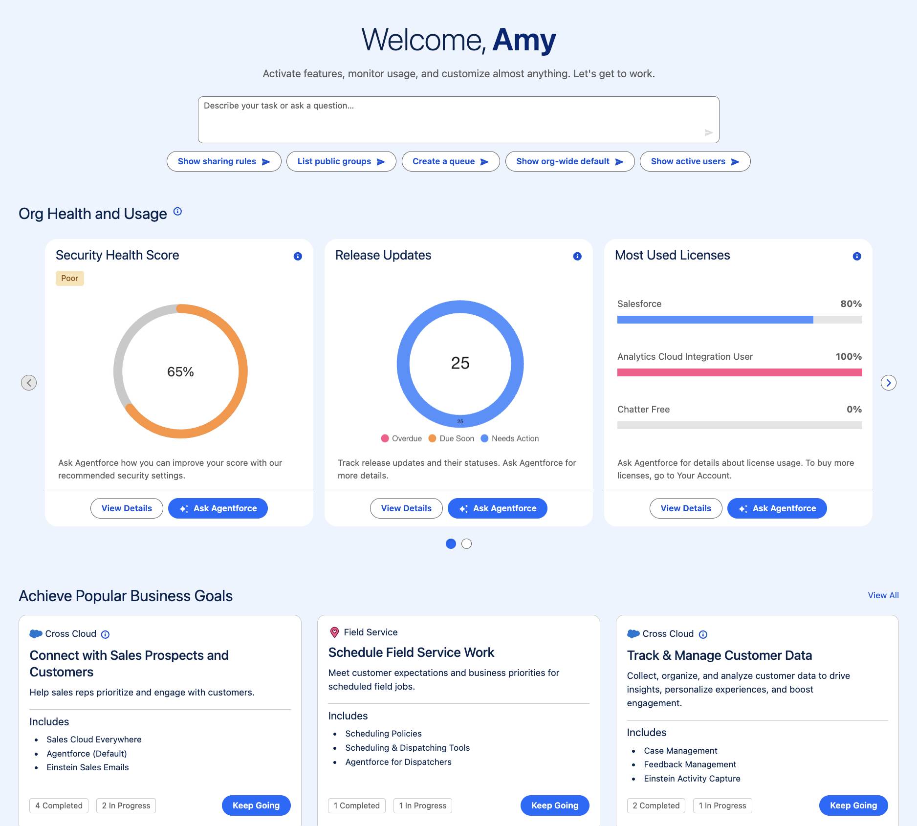 Setup Home, showing a welcome message to the admin, a prompt bar, and several tiles with recommended tasks and actions.