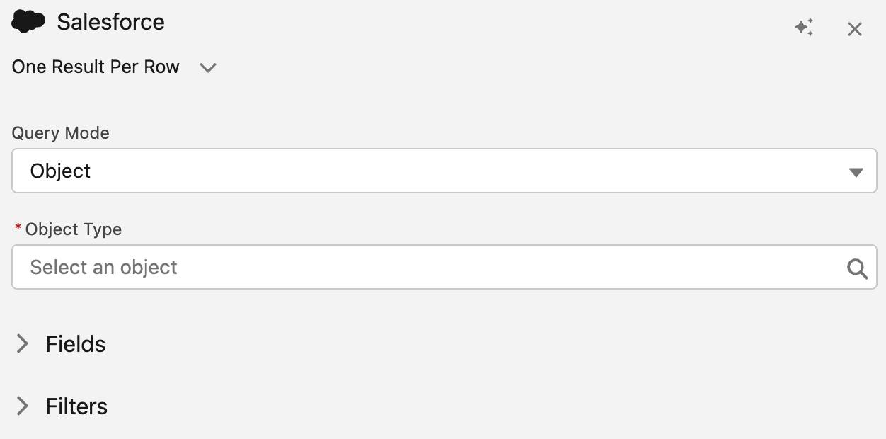 「[Import Salesforce (Salesforce をインポート)] のオプション。[Query Mode (クエリモード)]、[Object Type (オブジェクト種別)]、[Fields (項目)]、[Filters (検索条件)] が表示されている。」