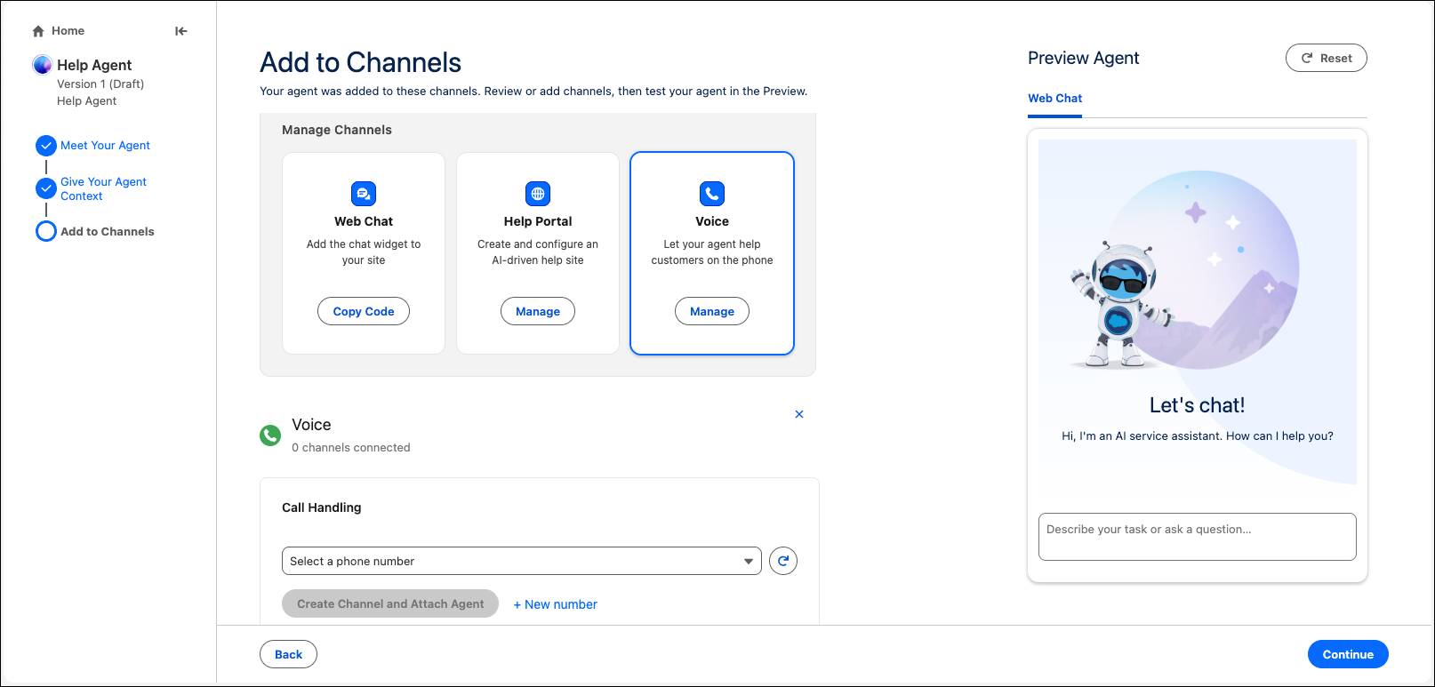 The Voice settings section of the Help Agent guided setup.
