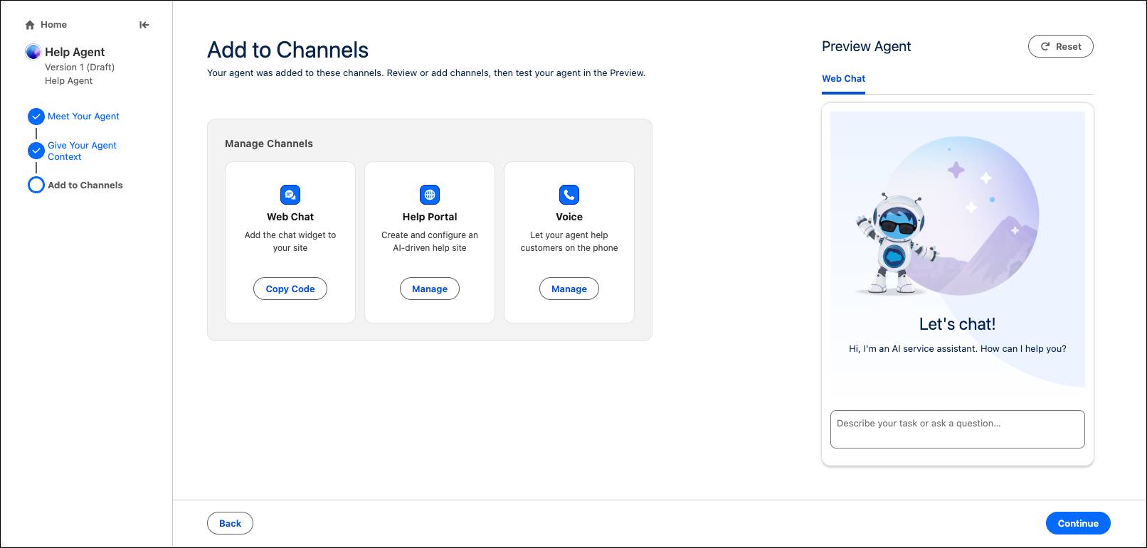 The Add to Channels section of the Help Agent guided setup.