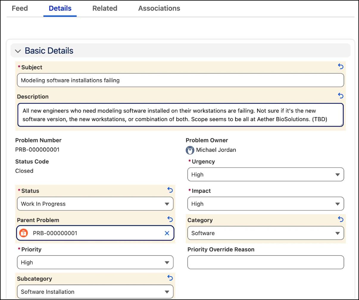 The Basic Details section for a problem impacting new engineers.