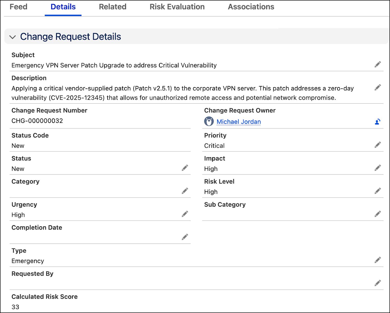 The change request details section with information for a VPN patch.