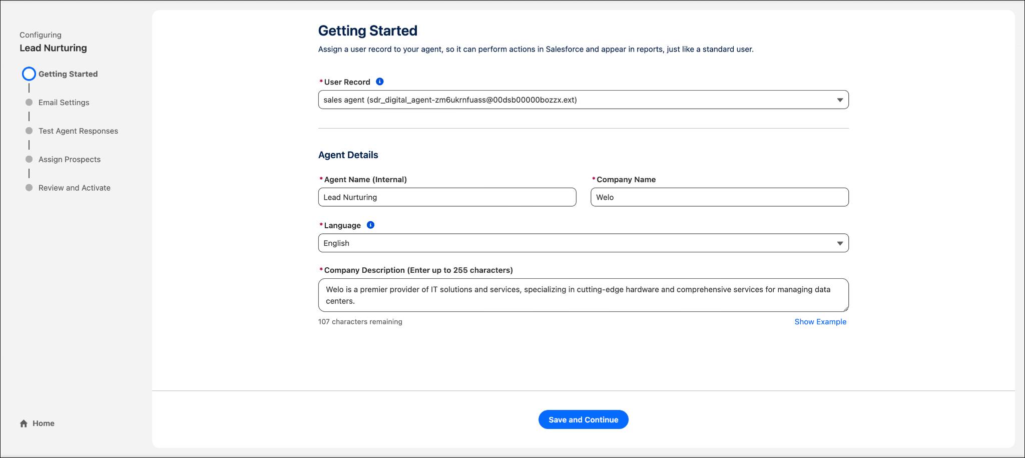Agentbuilder setup wizard with the Getting Started step highlighted.