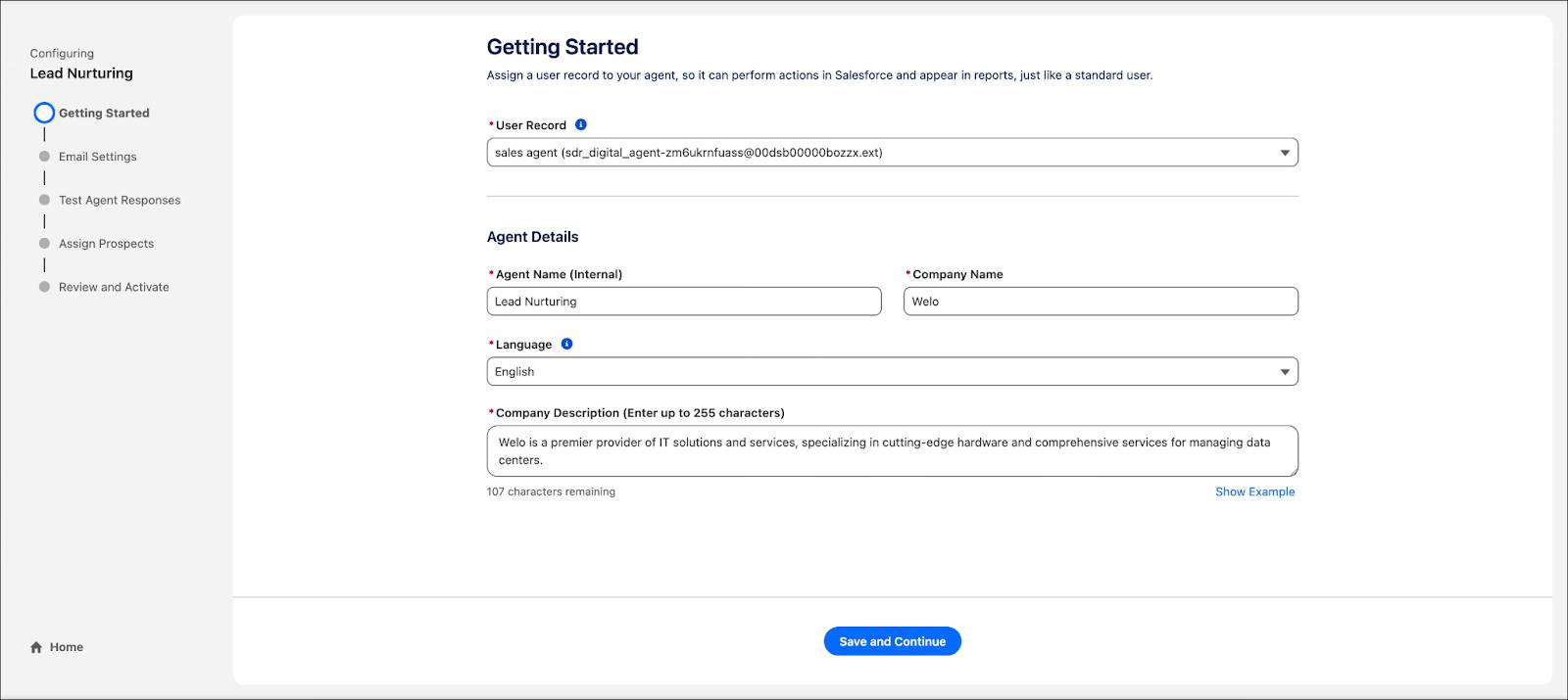 Agentbuilder setup wizard with the Getting Started step highlighted.