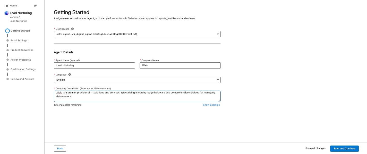 Agentbuilder setup wizard with the Getting Started step screen.