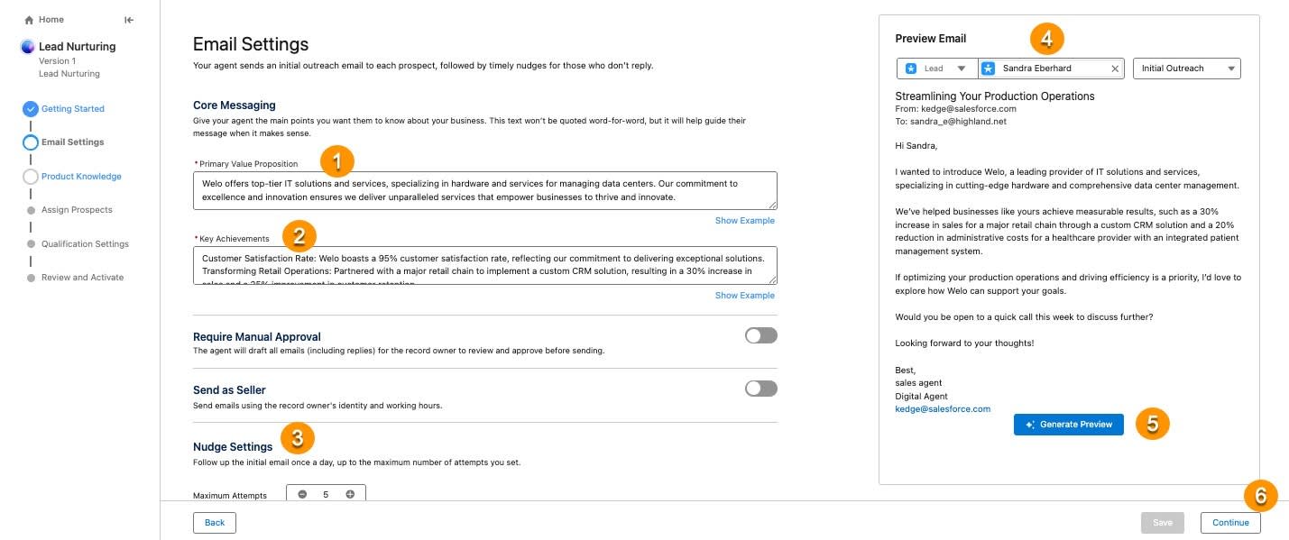 The Email Settings step of the Agentbuilder setup wizard.