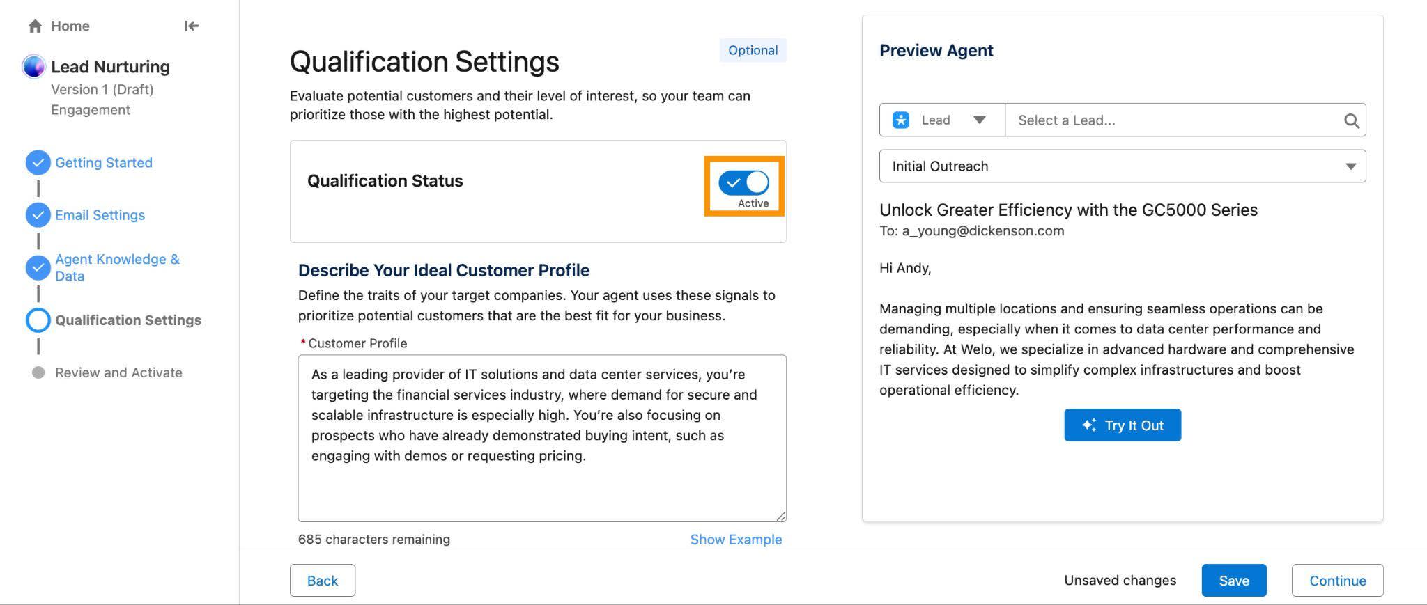 The Qualification Settings step of the Agentbuilder setup wizard.