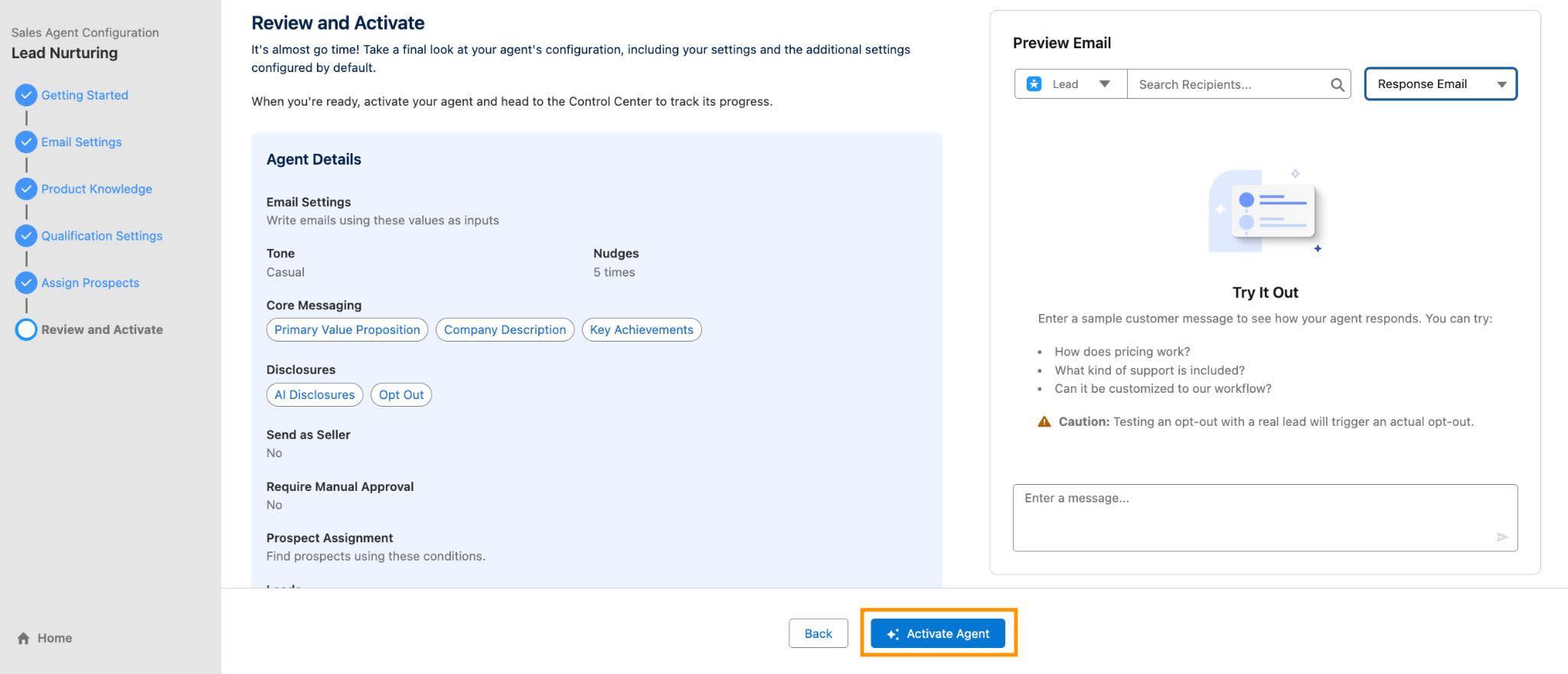 The Review and Activate step of the Agentbuilder setup wizard with the Answer Questions menu highlighted.