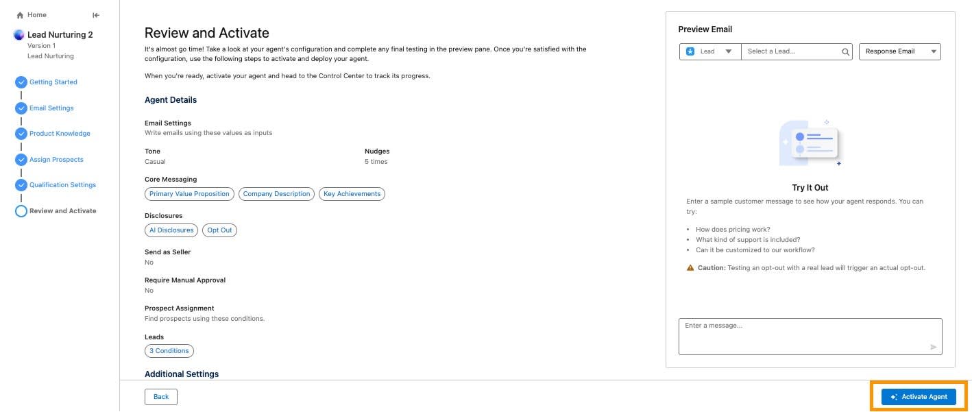 The Review and Activate step of the Agentbuilder setup wizard with the Answer Questions menu highlighted.