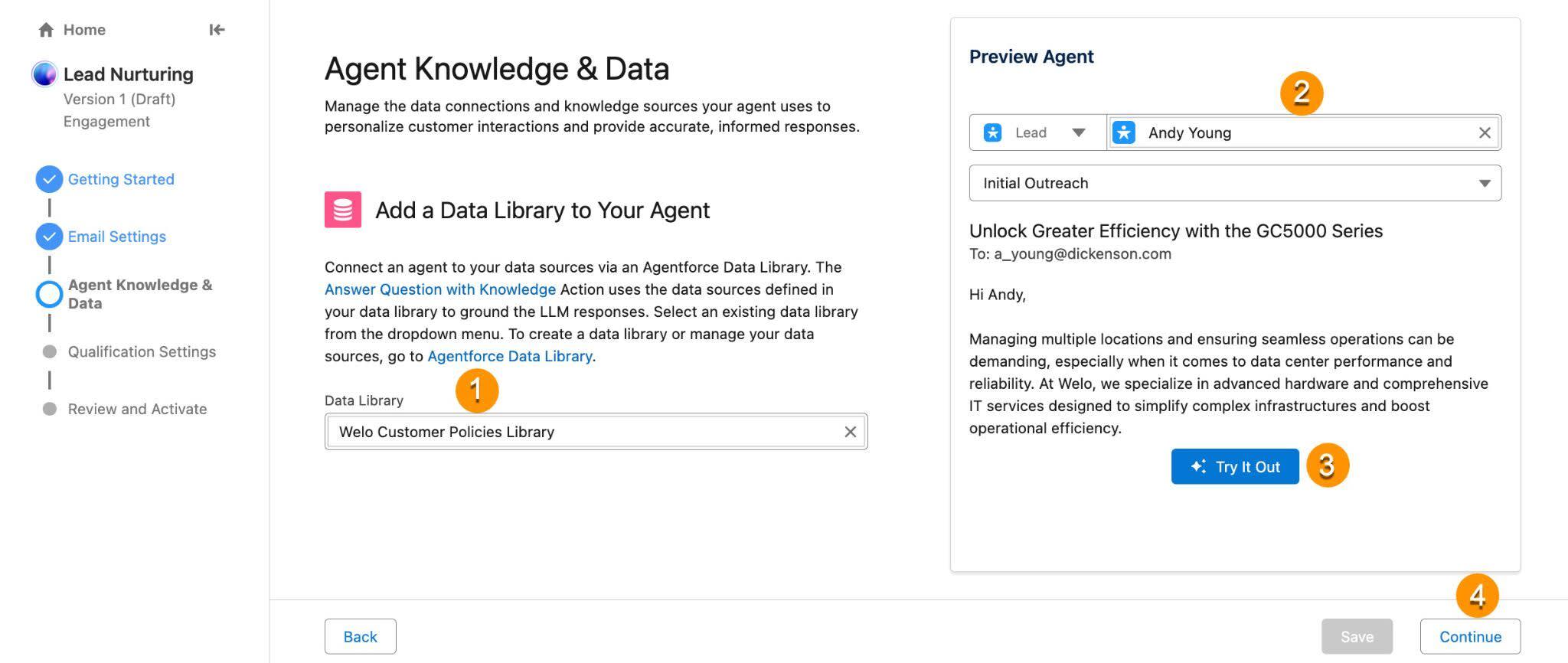 Agentbuilder 设置向导中的“智能体知识和数据”步骤。