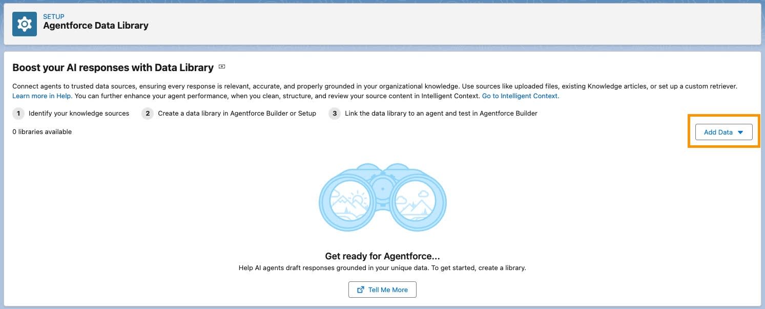 Agentforce Data Library Setup screen with the Add Data button highlighted.