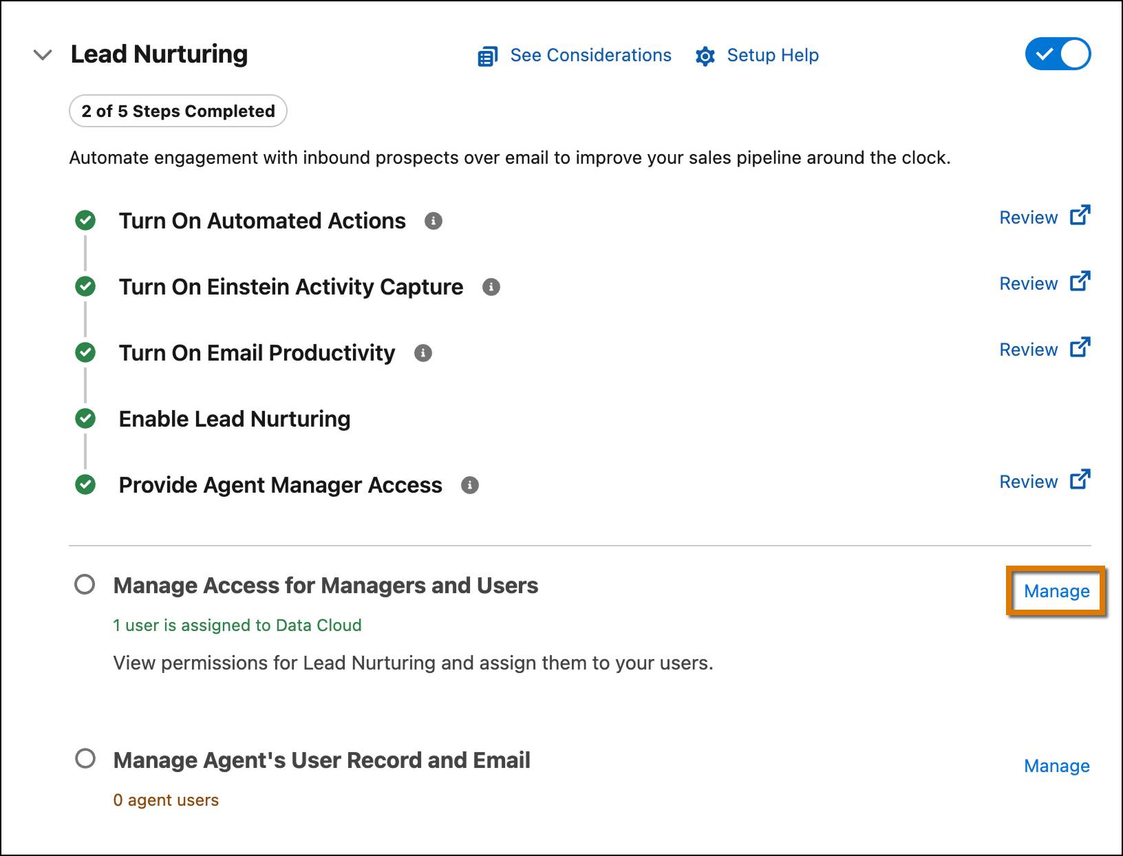 Salesforce Go Lead Nurturing setup wizard with Manage highlighted.