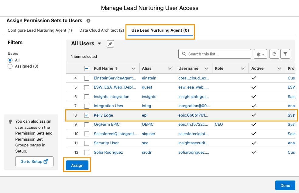Use Lead Nurturing Agent(리드 육성 에이전트 사용) 탭이 선택되어 있고 사용자가 강조 표시된 Manage Lead Nurturing User Access(리드 육성 사용자 액세스 관리) 페이지.