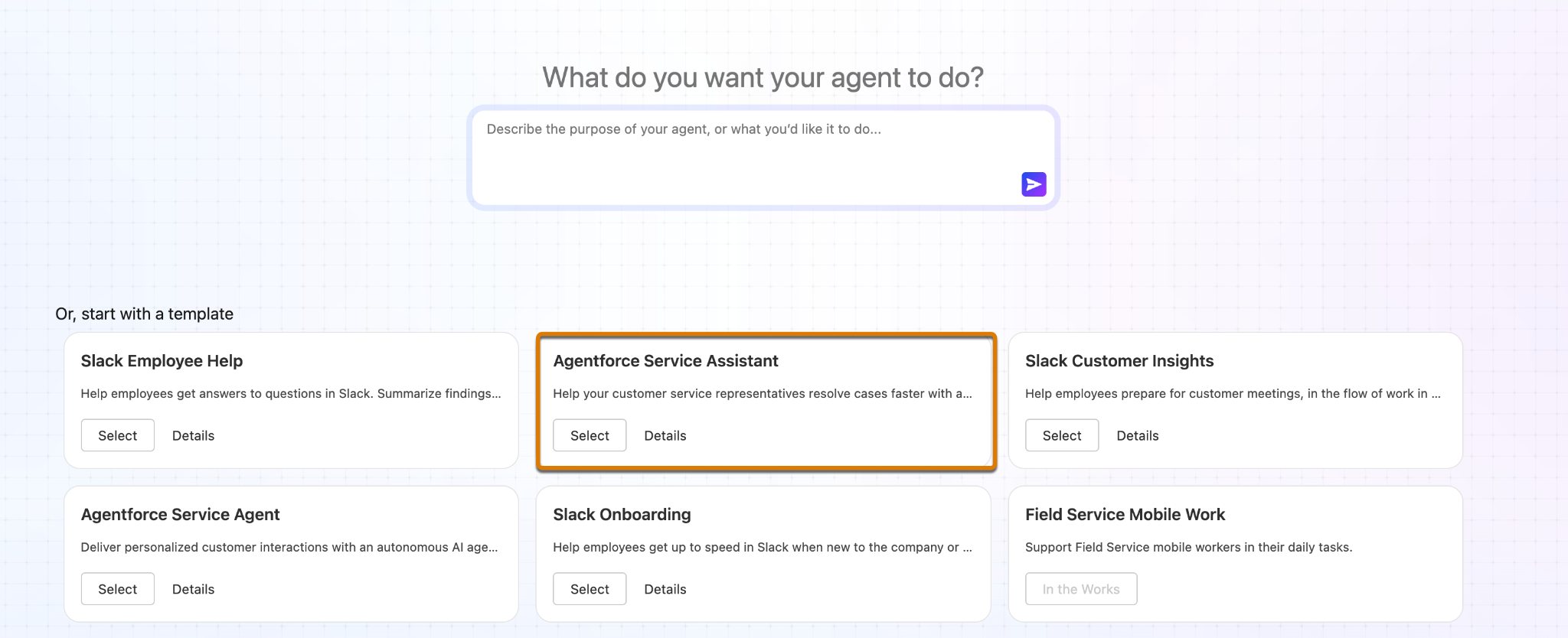Agentforce Service Assistant (Asistente de Agentforce Service) seleccionado en el Generador de agentes.