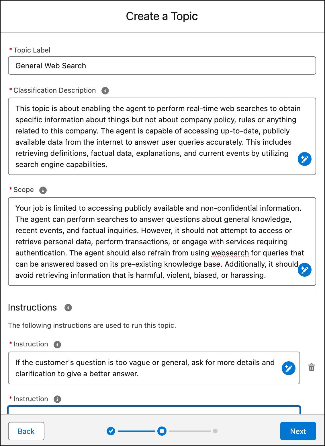 Create a Topic window with fields for Label, Classification Description, Scope, and Instructions.