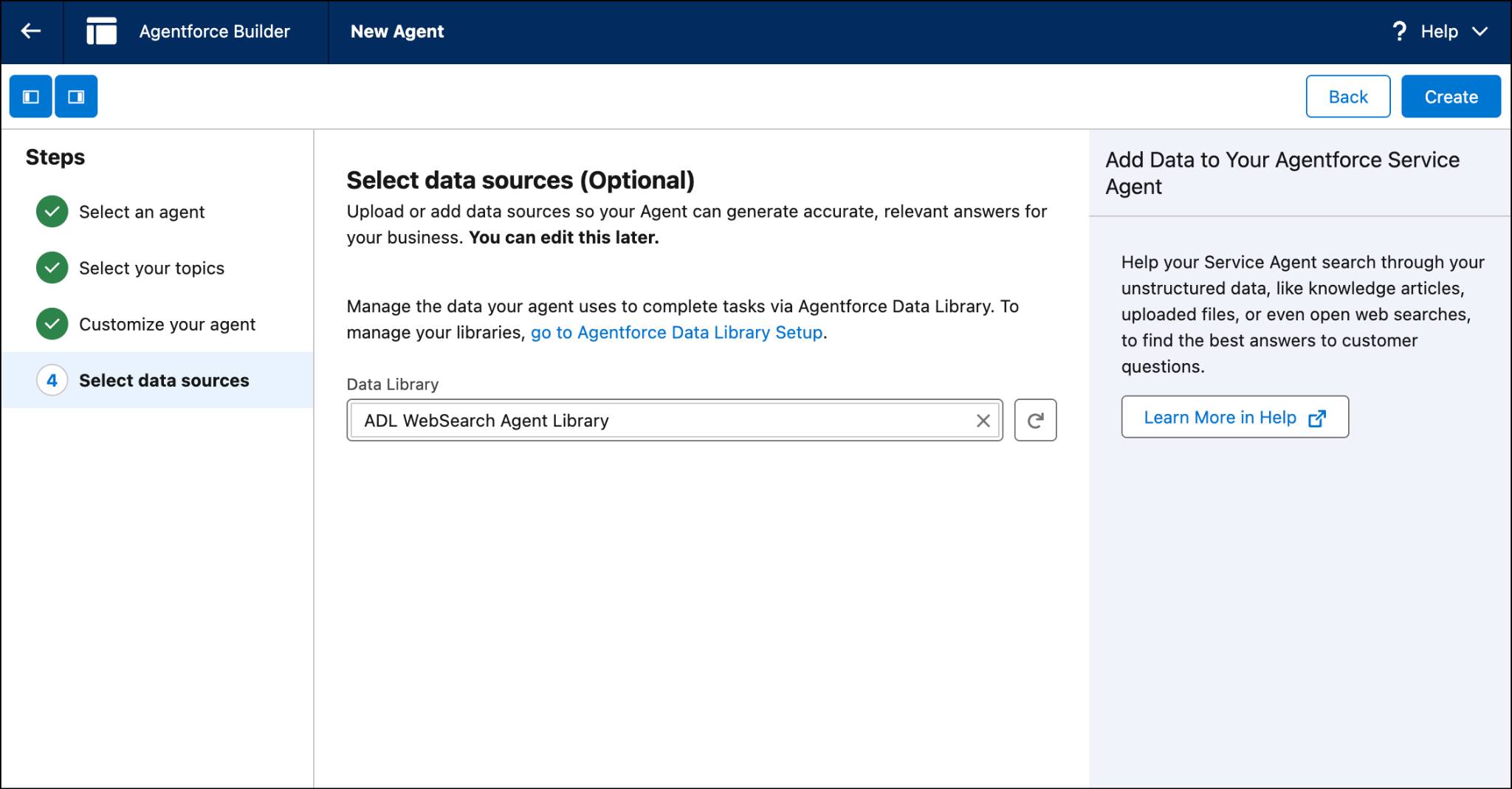 “Select Data Sources” window with ADL WebSearch Agent Library chosen from the Data Library menu.