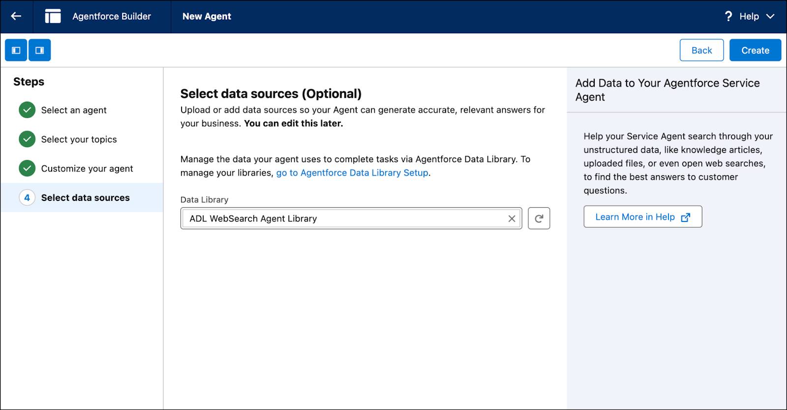 [Data Library (データライブラリ)] メニューから [ADL WebSearch Agent Library (ADL Web 検索エージェントライブラリ)] が選択されている [Select Data Sources (データソースを選択)] ウィンドウ。