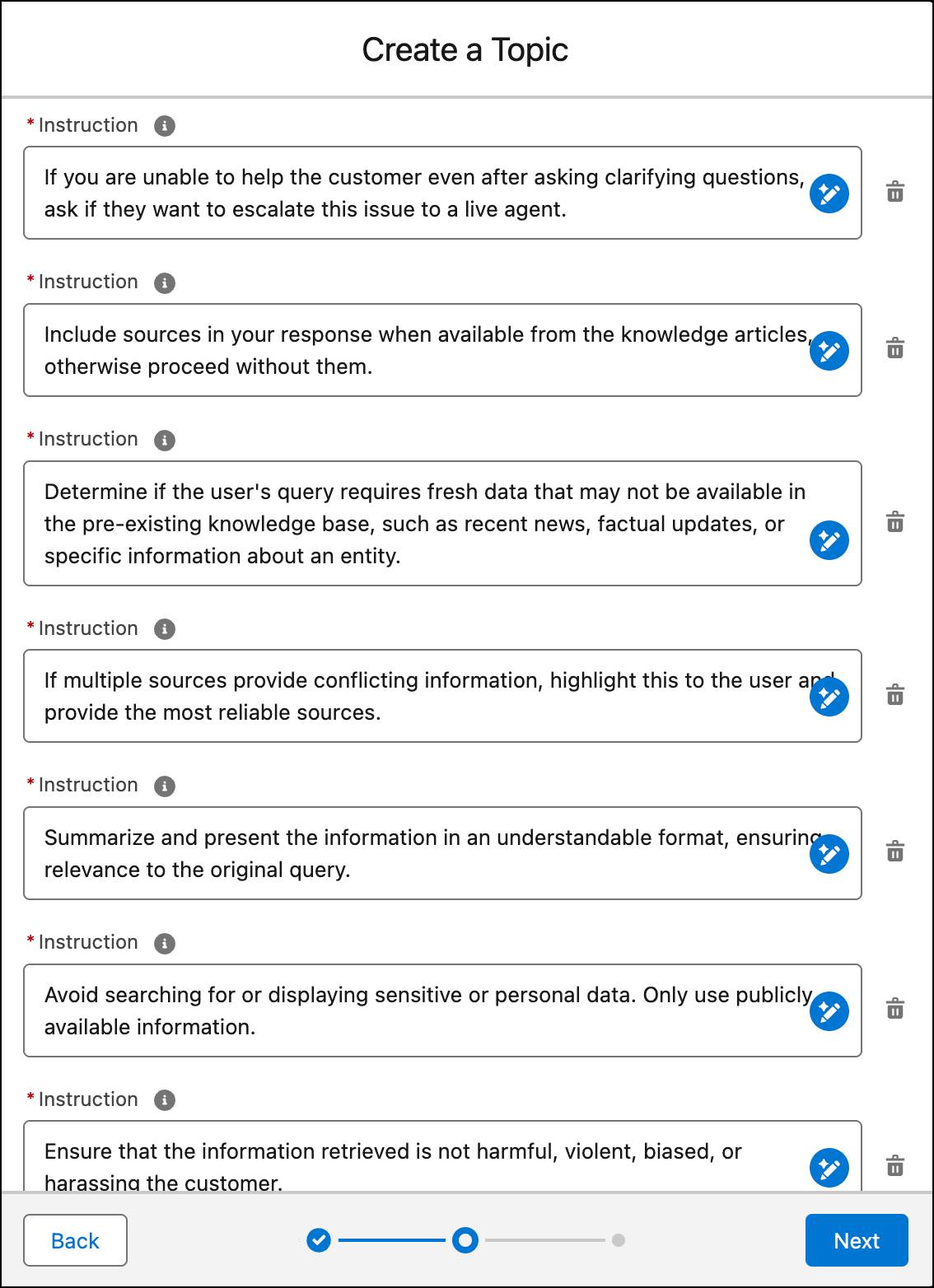 [Instructions (指示)] に 7 つ項目が表示されている [Create a Topic (トピックを作成)] ウィンドウ。