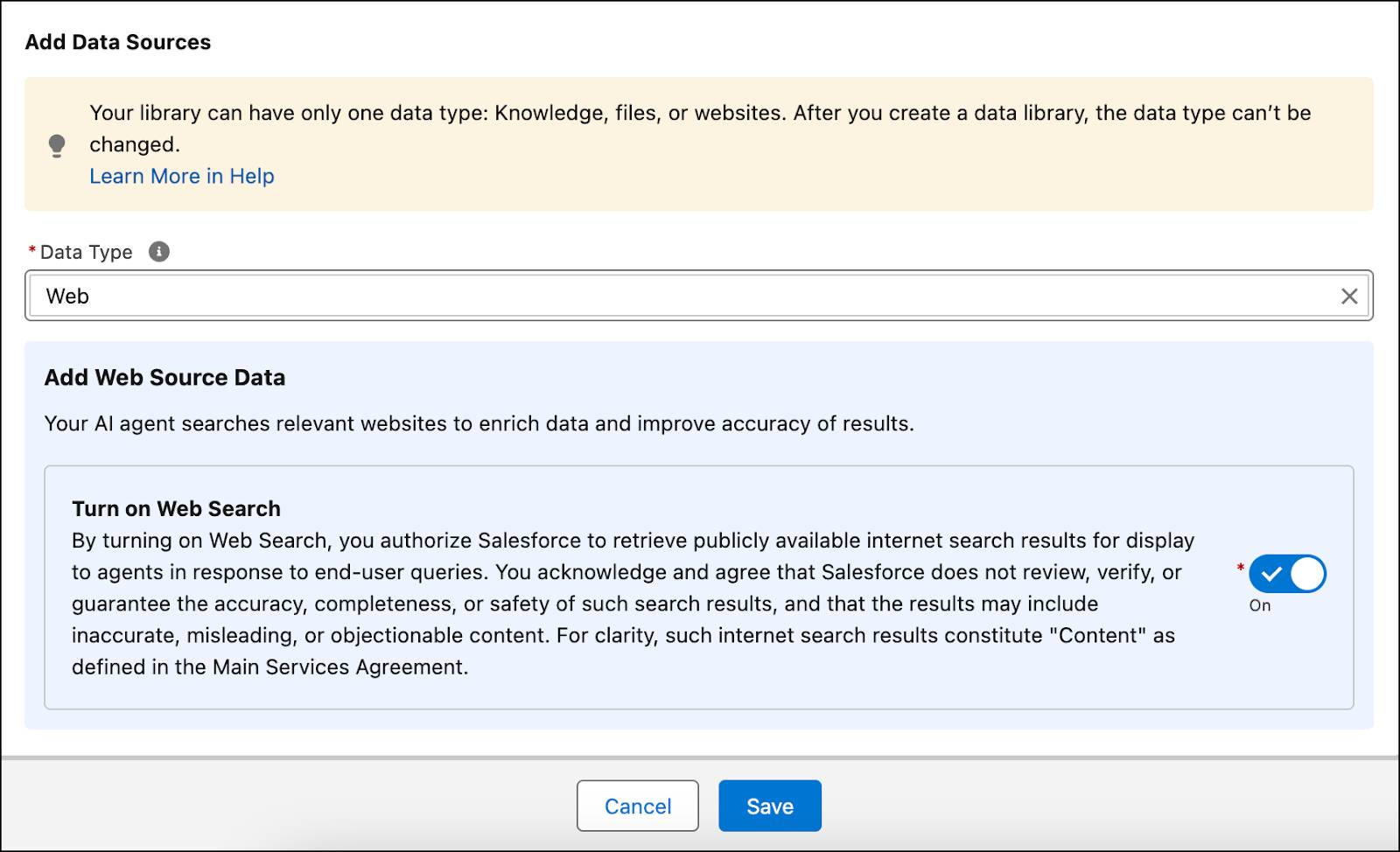 [Web Source Data (Web ソースデータ)] ウィンドウに [Turn on Web Search (Web 検索を有効化)] がオンの状態で表示されます。