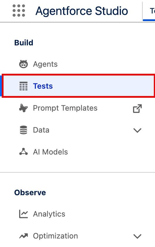 Menú Agentforce Studio que muestra la opción Tests (Pruebas) seleccionada).