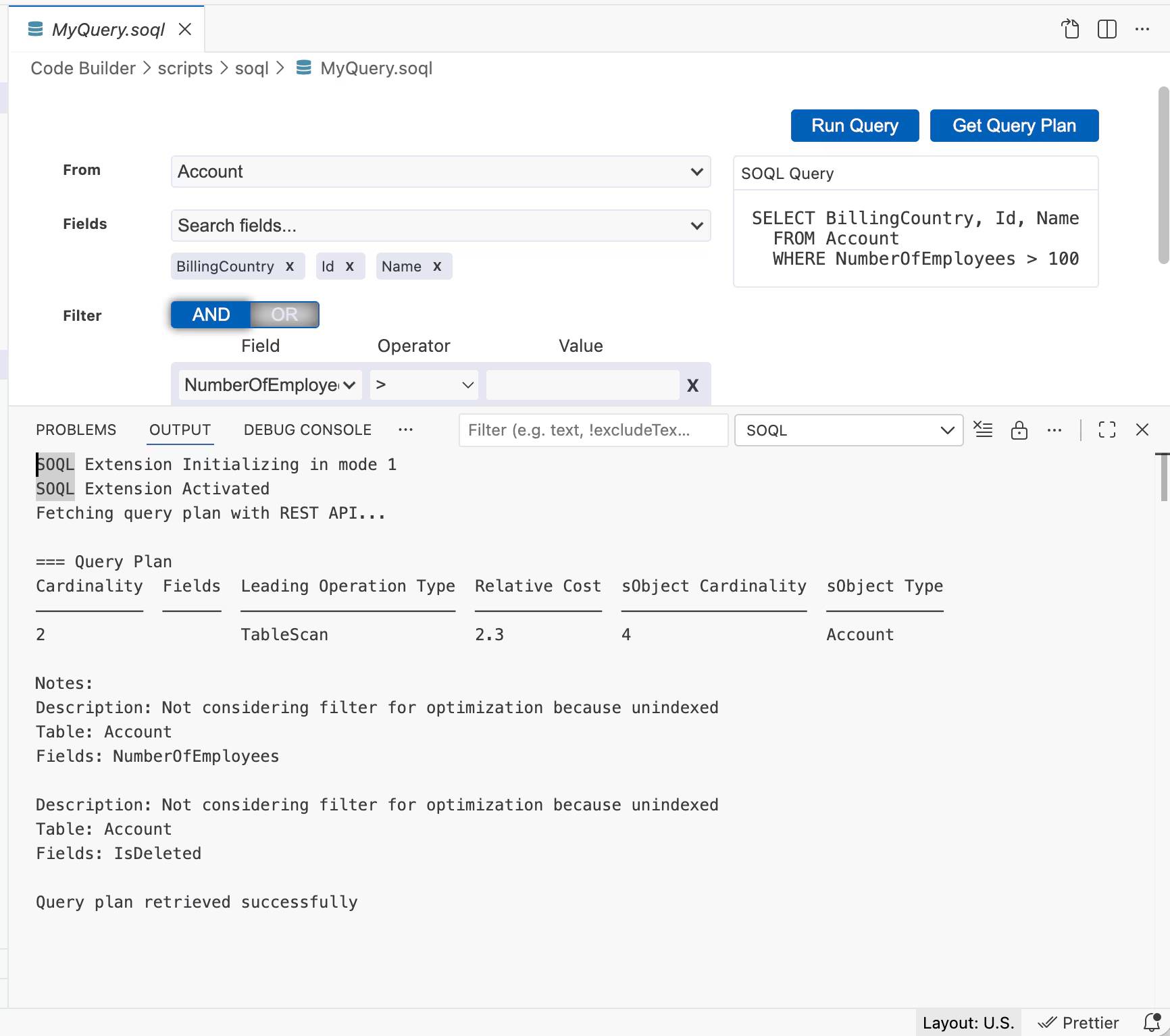 The Output panel displays the query plan.