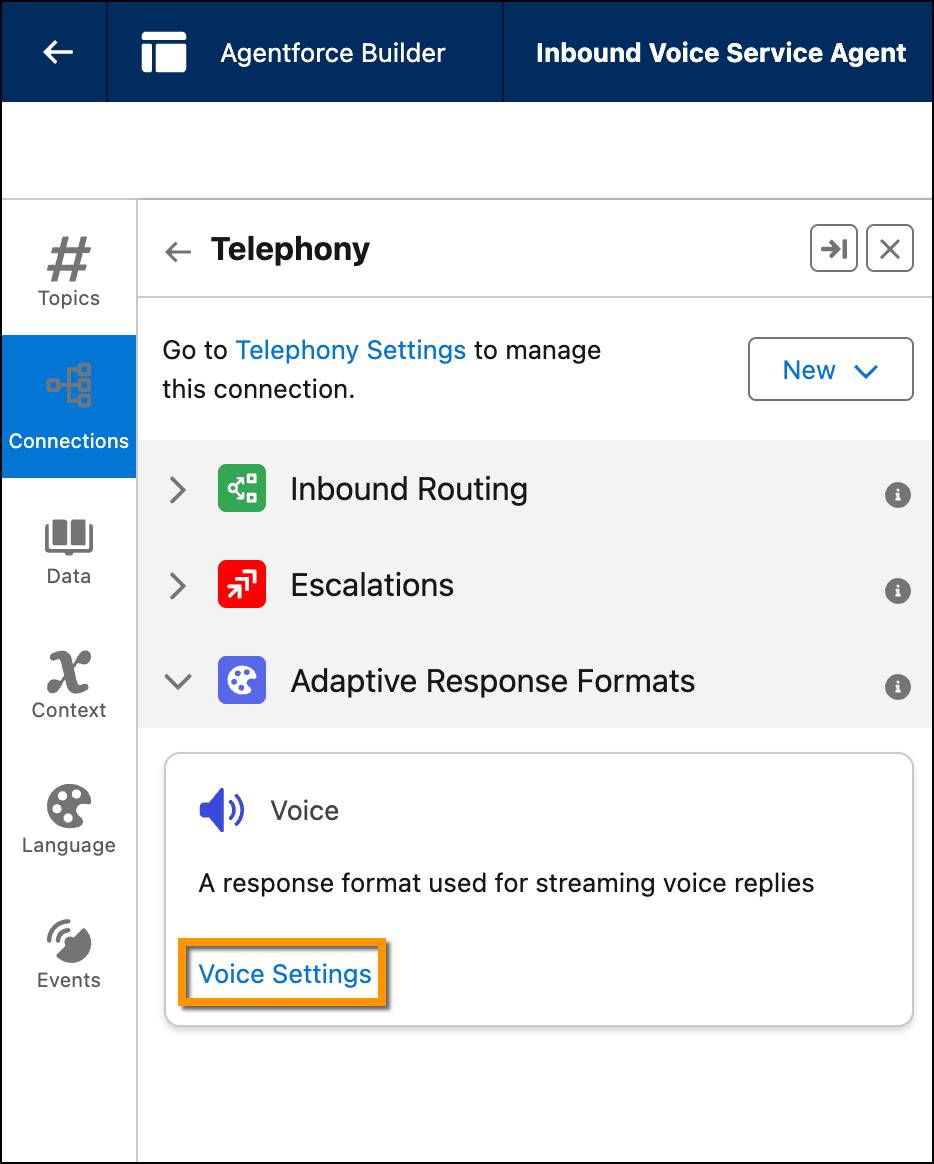 Detalles de la conexión Telephony (Telefonía) en Agentforce Builder donde se destaca el vínculo Voice Settings (Configuración de voz) dentro de Adaptive Response Formats (Formatos de respuesta adaptativa).