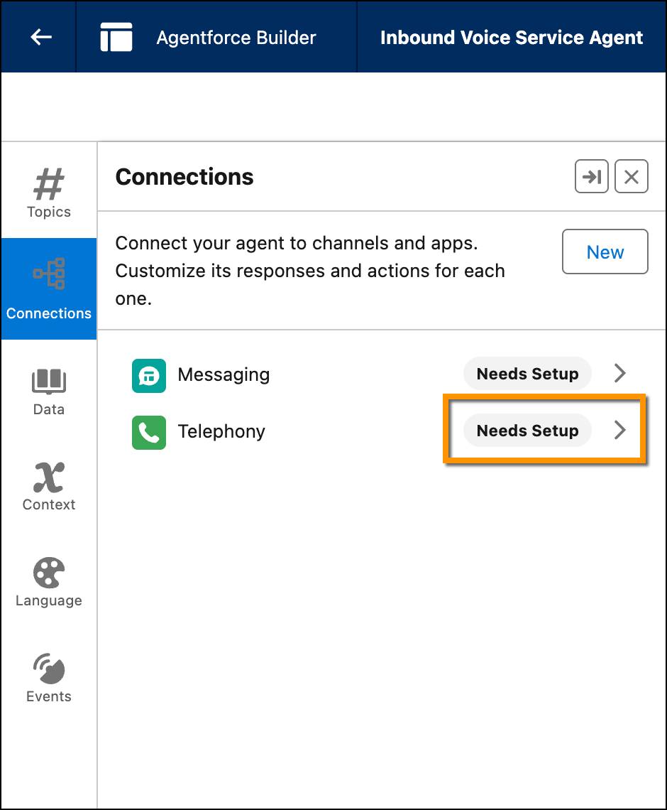La lista de Connections (Conexiones) en el Generador de Agentforce donde se muestra Telephony (Telefonía) como una conexión agregada que necesita configuración.