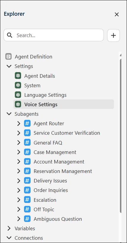 Riquadro Explorer con selezionata l’opzione Voice Settings (Impostazioni voce)
