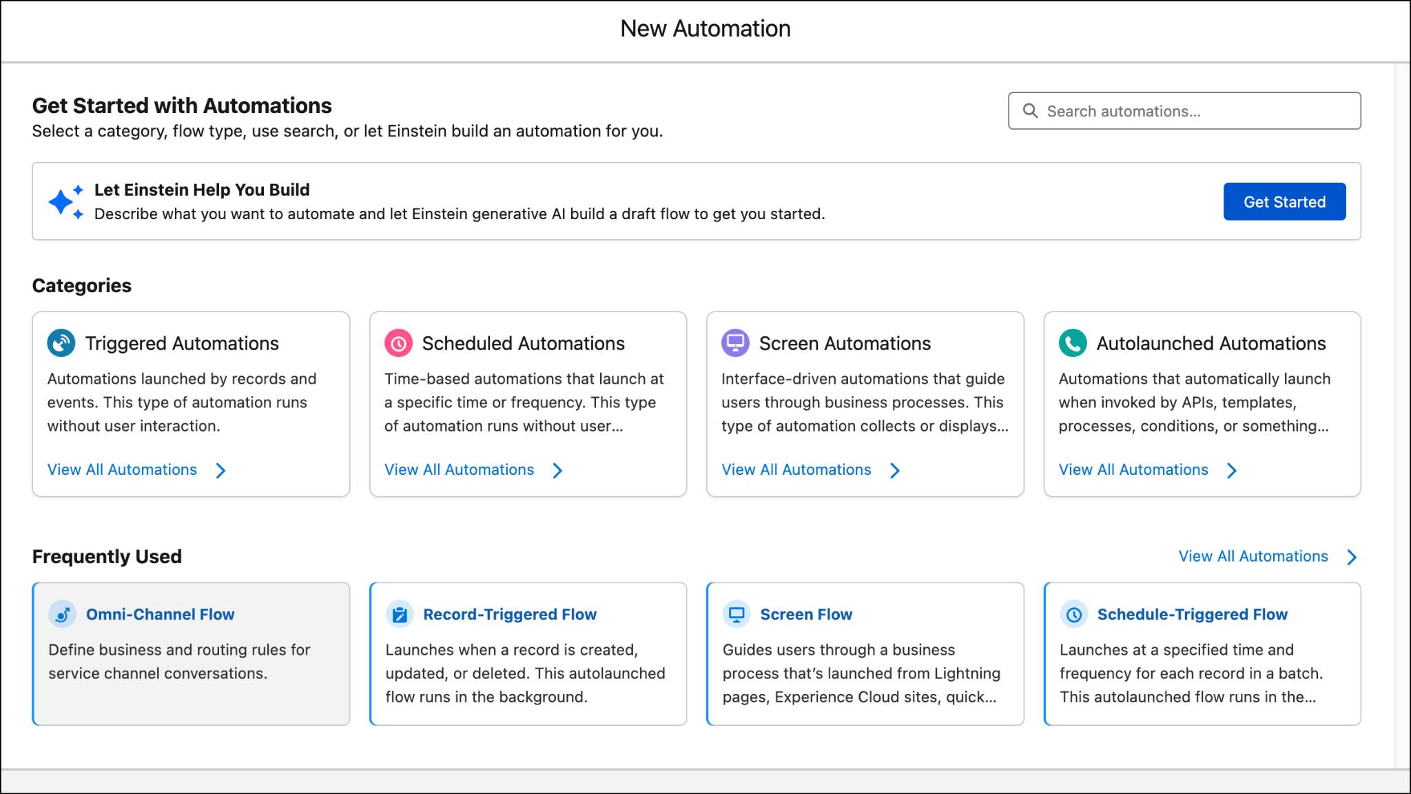 New Automation screen in Flow Builder showing various flow categories, with Omni-Channel Flow highlighted under the Frequently Used section.