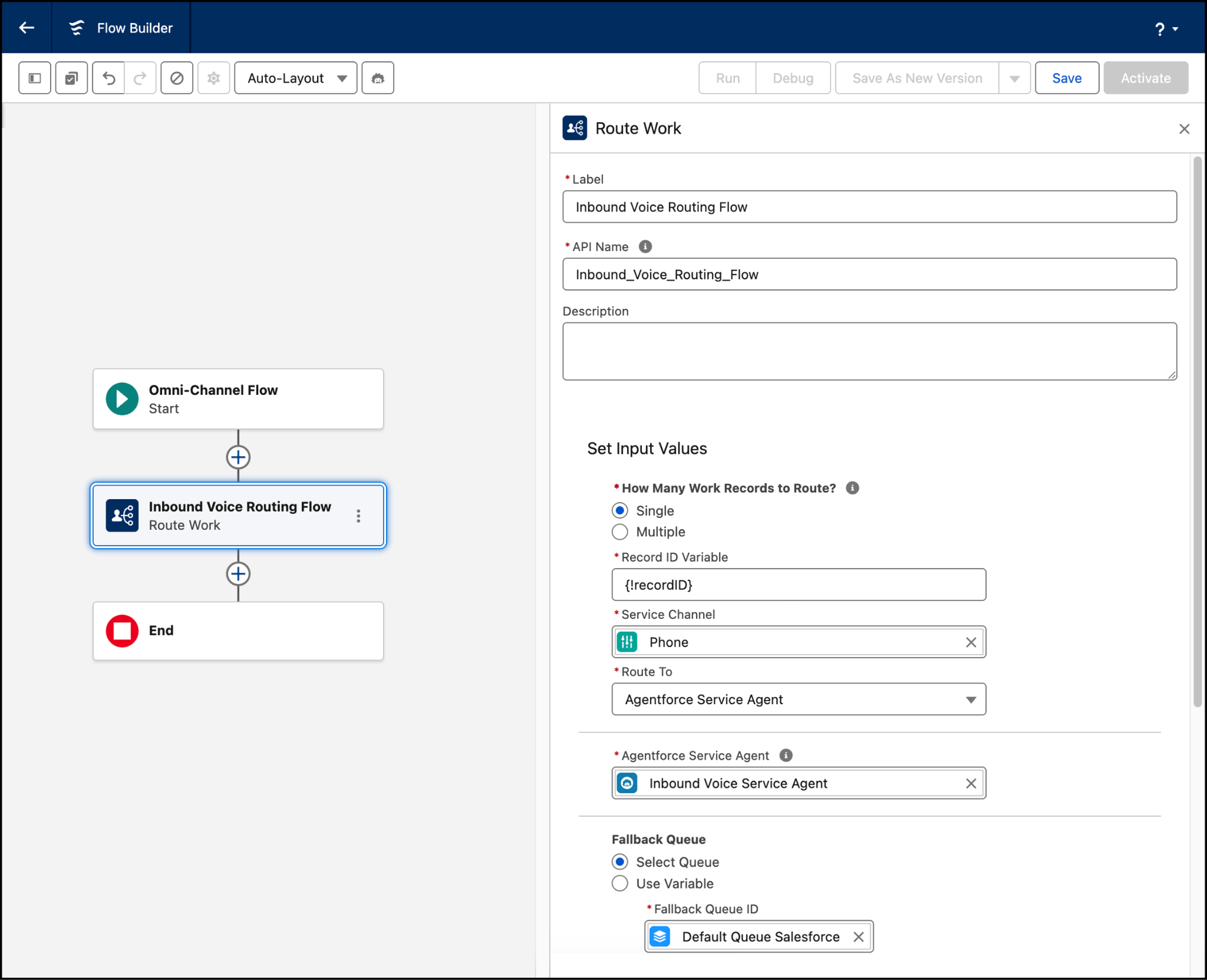 Route Work configuration screen in Flow Builder for an Inbound Voice Routing Flow, defining inputs for record variables, service channels, and routing to an Agentforce Service Agent.