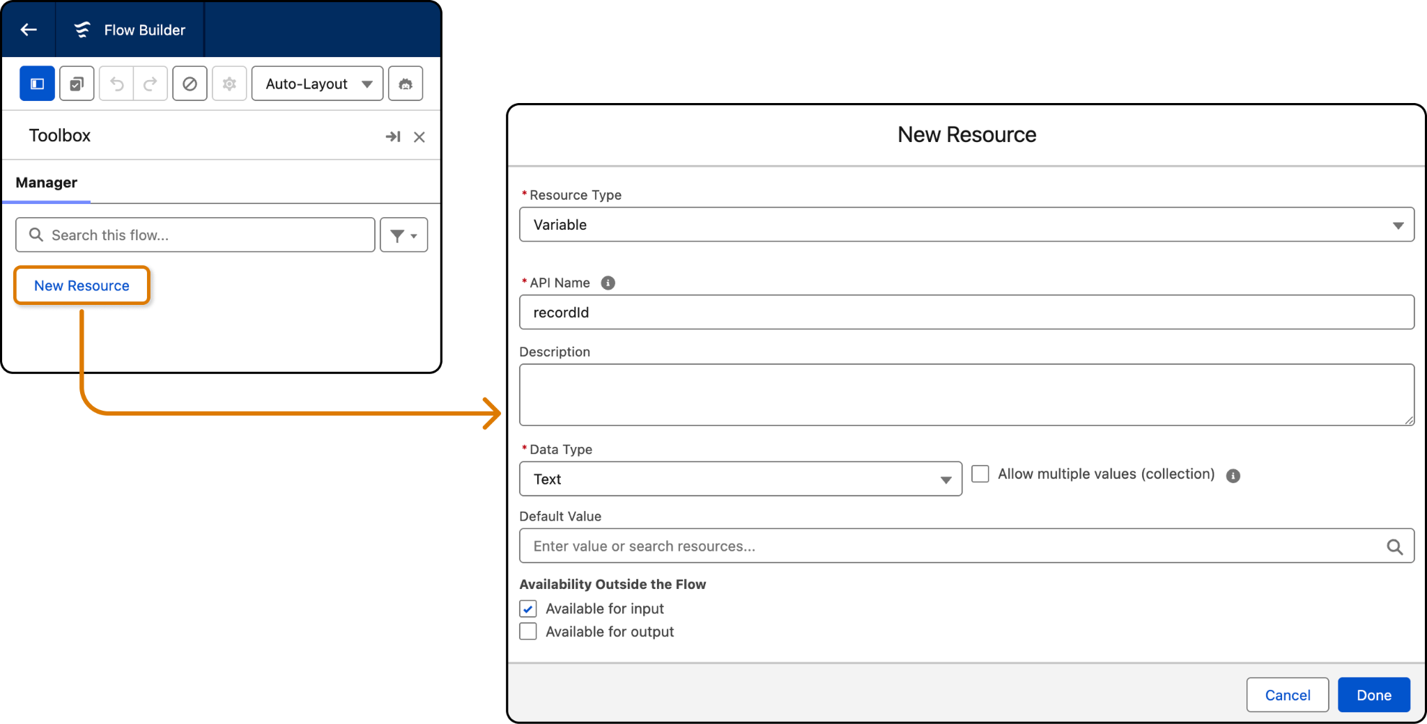 Processus de création de New Resource (Nouvelle ressource) dans Flow Builder, où l’on peut voir le bouton permettant d’ajouter une ressource et la boîte de dialogue résultante pour une variable de texte recordId.