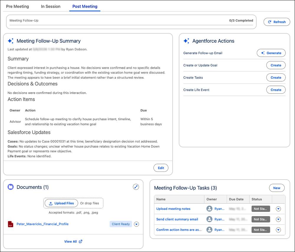 This meeting follow-up summary on the Post Meeting tab includes an action item to schedule a follow-up meeting.