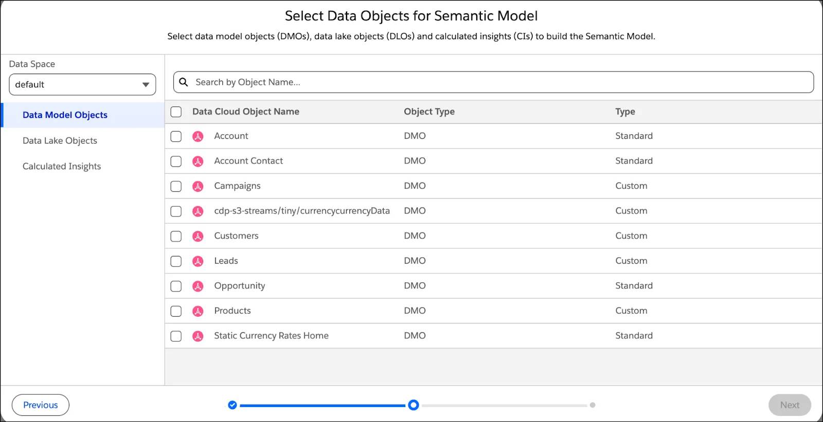 Select Data Objects dialog showing a list of available data objects to add to a new semantic model.